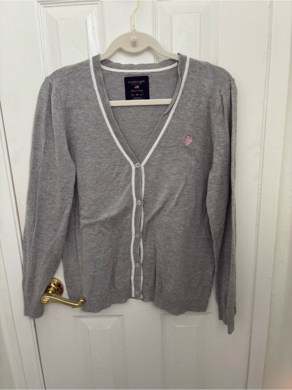 U.S. Polo Assn. Gray V-Neck Cardigan with Pink Logo